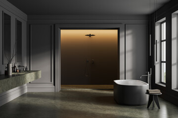 Fototapeta na wymiar Grey home bathroom interior with double sink, tub and douche with window