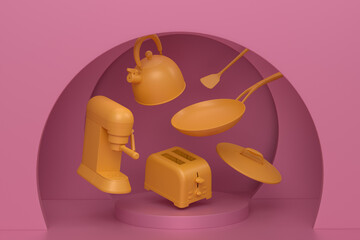 Abstract scene or podium with kitchen appliances and utensils on monochrome.