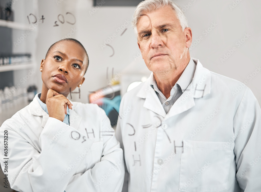 Poster science, solution and thinking with people in laboratory for research, teamwork and brainstorming. c