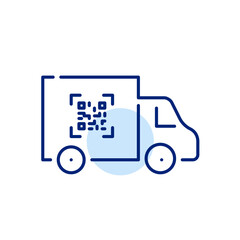 Delivery truck with qr-code printed on it. Pixel perfect, editable stroke icon
