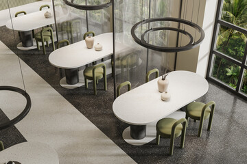 Fototapeta na wymiar Top view of cafe interior with seats and table, eating space with partition