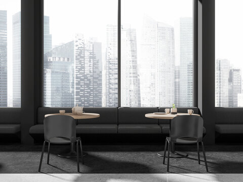 Panoramic gray canteen interior with sofas