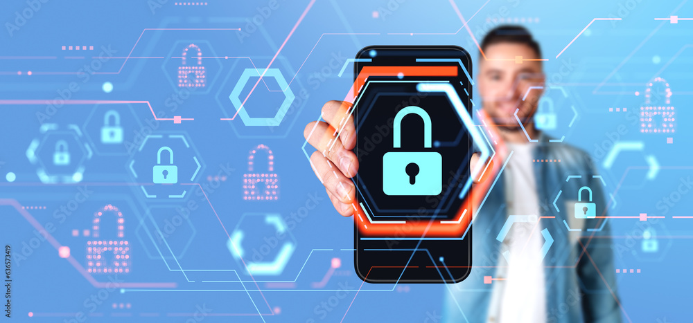 Poster man with smartphone in hand, cybersecurity and glowing lock icons