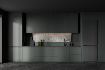 Grey home kitchen interior with cooking space, fridge and kitchenware