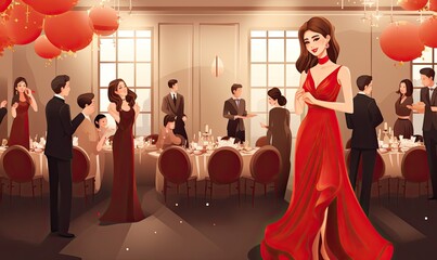 Photo of a woman in a red dress standing in front of a group of peopl