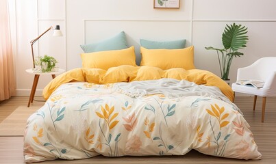 Photo of a cozy bed with a vibrant yellow comforter and pillows