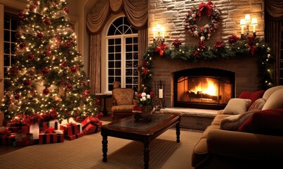 Fototapeta na wymiar Photo of a cozy living room decorated for Christmas with a beautiful tree and furniture