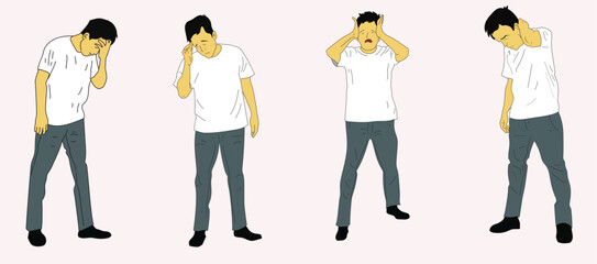 Depressed young man due to life problems. Hand drawn style vector design illustrations.
