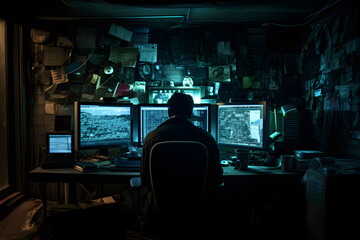 Hacker sitting in front of monitors, illustration for cybercrime and cyberattack