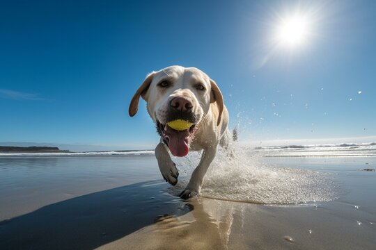 Paws in the Sand Dog's Pure Happiness Playing Fetch on Sandy Beach