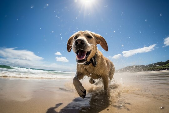Beachside Bliss Capturing Dog's Joyful Fetch Game Under Midday Sun