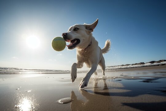 Bounding in Joy Dog's Fetch Game Radiates Happiness on Sunny Shore