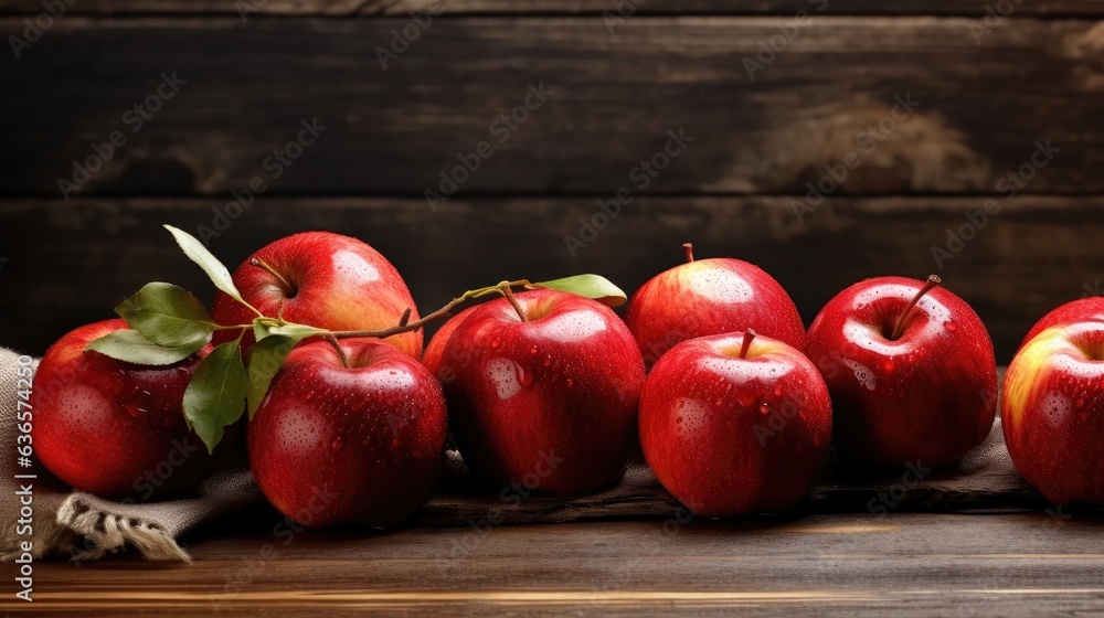 Poster red ripe apples lie on a wooden table created with generative ai technology