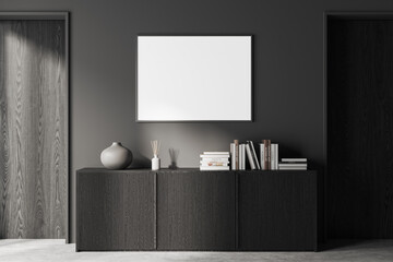 Grey living room interior with dresser and art decoration, mockup frame