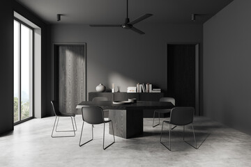 Grey meeting room interior with table and chairs, decor and panoramic window