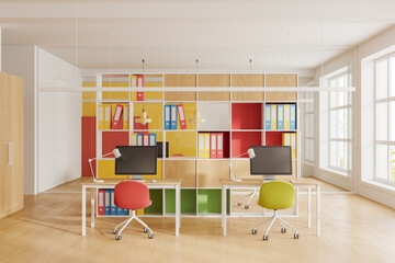 Colorful office room interior with pc desktop and chairs, shelf and window