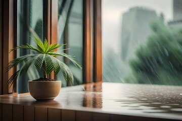 Rain drops on the window with blurred palm trees in the background
