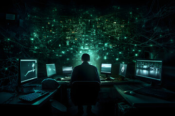 Hacker sitting in front of monitors, illustration for cybercrime and cyberattack