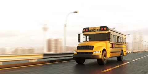 Yellow school bus with stop sign moving on a highway road in city © ImageFlow