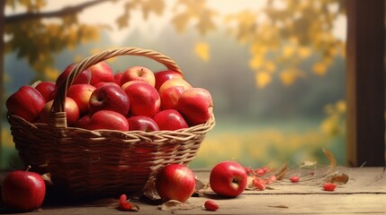 Ripe Red Apples in a Basket in the Garden created with Generative AI technology