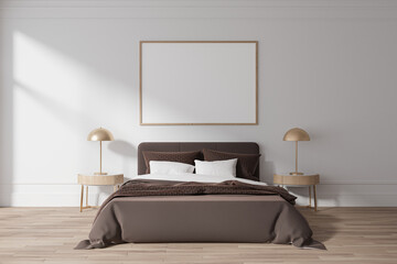 Cozy hotel bedroom interior with bed, nightstand and lamp. Mockup frame