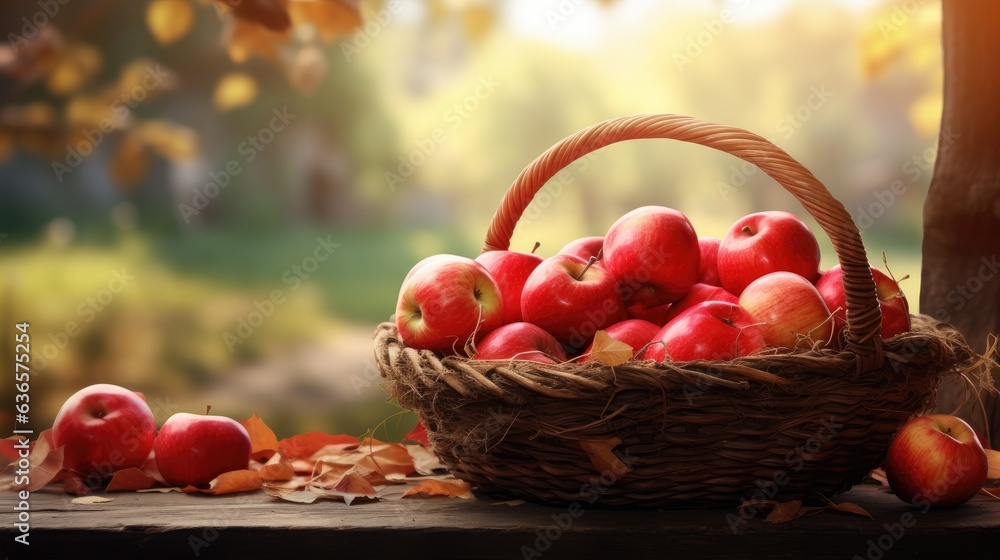 Poster ripe red apples in a basket in the garden created with generative ai technology