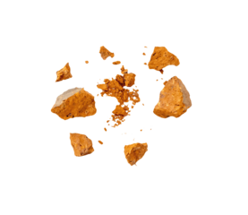 Flying pieces and powder of broken red brick isolated on white, PNG.