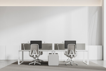 White office room interior with pc computer on table in row, mock up wall
