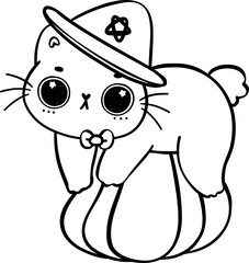 Cute Halloween cat outline, Spooky black cat cartoon illustration 