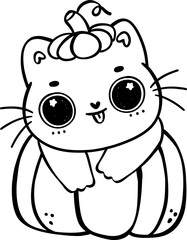 Cute Halloween cat outline, Spooky black cat cartoon illustration 