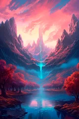 Wall murals Fantasy Landscape A fantasy landscape with flowering trees and mountains. Generative AI