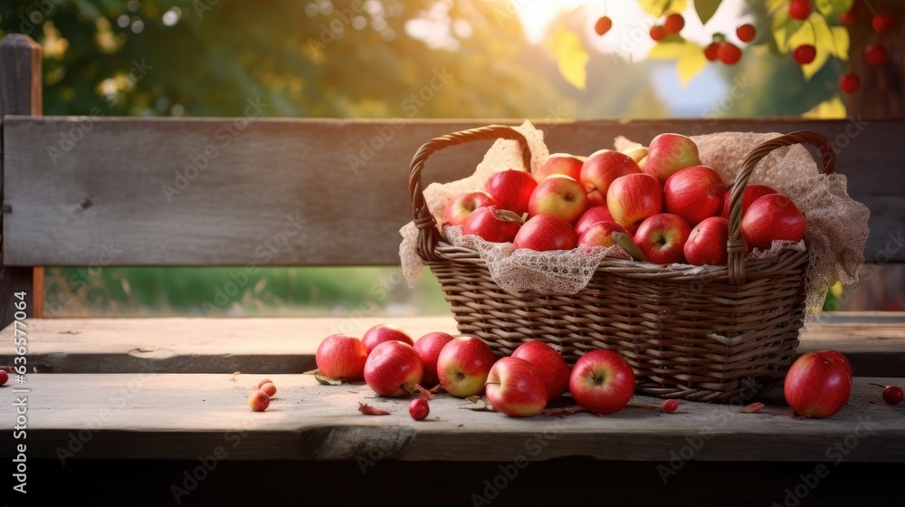 Poster ripe red apples in a basket in the garden created with generative ai technology
