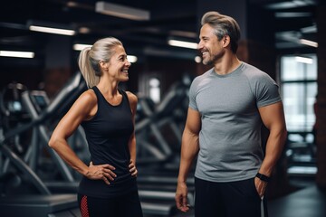 Naklejka premium beautiful middle-aged woman smiling standing in the gym talking