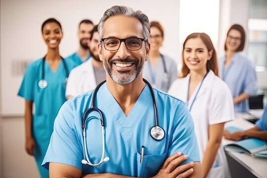 Docter handsome man n hospital meeting for medical planning, life insurance medicine or treatment training  team ,Generative AI..