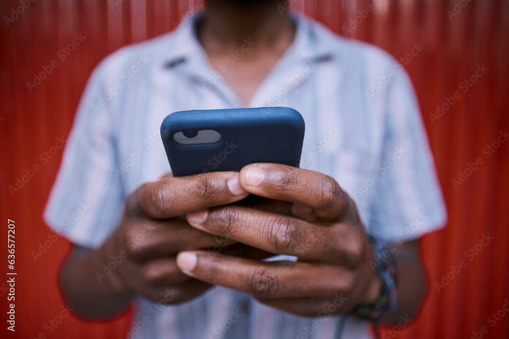 Poster person hands, smartphone and closeup, communication and social media, typing and online chat with te