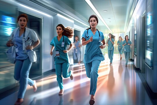 Team medicine  running in hospital emergency, patient crisis or pager call in ICU stress, trauma fail or diversity  hospital ,Generative AI.
