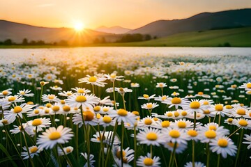 beautiful spring summer natural panoramic landscape of countryside with flowered daisies in meadow at sunset. Shallow depth of field