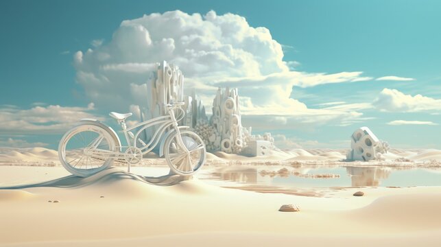 Delve into a striking image of a white bicycle, its silhouette contrasting beautifully against the vast desert sands. This composition masterfully merges simplicity with nature's grandeur 