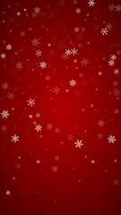Snowfall overlay christmas background. Subtle flying snow flakes and stars on christmas red background. Festive snowfall overlay. Vertical vector illustration. - obrazy, fototapety, plakaty
