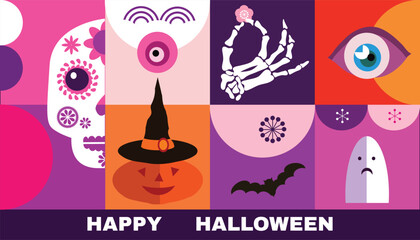 Happy Halloween- template poster, banner in flat  cartoon style. Hand drawn lettering. Background holiday design with pumpkin,  bat, ghost,  moon, skeleton,  skull  Vector illustration