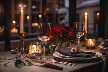 Romantic dinner place setting with plates and cutlery on table. Elegant table setting with beautyful flowers, candles and wine glasses in restaurant.