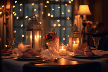 Elegant table setting with beautyful flowers, candles and wine glasses in restaurant. Selective focus. 