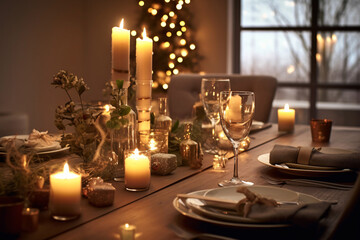 Elegant table setting with beautyful flowers, candles and wine glasses in restaurant. Selective focus. 