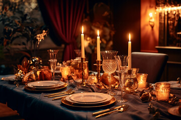 Elegant table setting with beautyful flowers, candles and wine glasses in restaurant. Selective focus. 