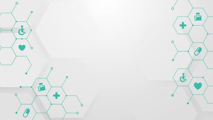 White technological medical background with hexagonal shapes. Animated healthcare icons. Looped abstract motion graphics. - Powered by Adobe