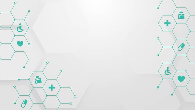 White technological medical background with hexagonal shapes. Animated healthcare icons. Looped abstract motion graphics.