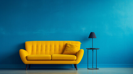 Blue couch sitting on top of yellow floor
