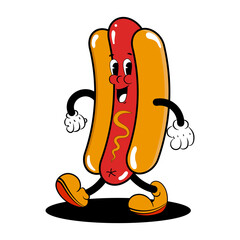Vector illustration of a cute smiling Hot Dog in retro groove style, in stylish colors