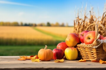 Basket Of Pumpkins Apples And Corn On Harvest Table
