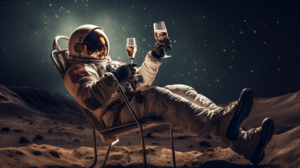 astronaut drinking wine on the moon - obrazy, fototapety, plakaty